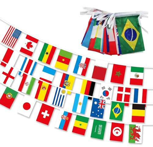 10 Metros Banderines del Mundo, 32 Banderas de Países Diferentes para Decoración de Fiestas y Eventos Deportivos, Guirnalda Internacional de Tela 14x21cm para Mundial de Fútbol y Celebraciones