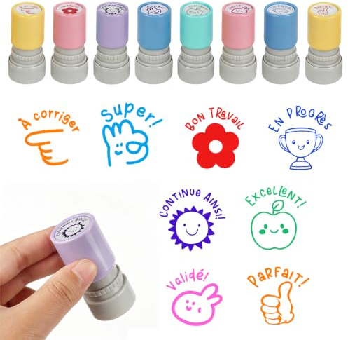 KBIBCK 8PCS Tampons Enseignants Français, Tampon Maitresse Décole | Plastique Tampon Auto Encreur Enfant, pour Cadeau Professeur et Encourager Élèves