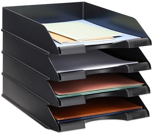 Stockroom Plus Letter Tray - Stackable Desk Organizer Trays - Desktop File Organizer - Mail & Document Storage - Pack of 4, Black, 10 x 13.5 x 2.5 in
