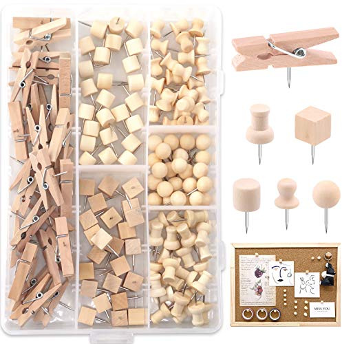 Keadic 135 piezas de 6 tipos de chinchetas de nogal para tablero de corcho, pasadores de cabeza de madera, tachuelas de pulgar de punta de acero para documentos, fotos, mapas y tablones de anuncios