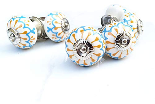 Lizipai Lot de 6 boutons multicolores faits à la main avec vis – Accessoires de décoration de meubles – Boutons en céramique pour armoire, tiroirs, commode, armoire florale (jaune bleu)