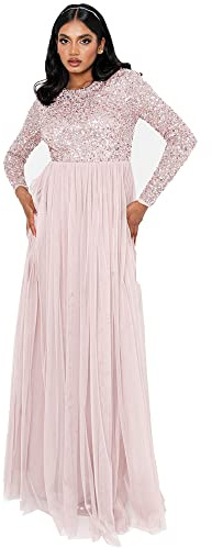 Maya Deluxe Abito da Donna per Ospiti di Nozze, Taglie Forti, Stile Impero, Vita Alta, Paillettes a Maniche Lunghe, Damigella d'Onore Vestito, Rosa Satinato, 38