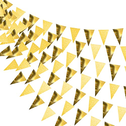 78 Banderas Triangulares de Hilo Metálicas Brillantes Banner de Banderín Guirnalda de Banderines de Papel de Doble Cara de 34 Pies para Boda (Oro)