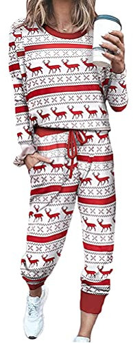 Minetom Damen 2 Stück Set Outfit Langarm Sweatshirt und Jogger Hose Trainingsanzug Weihnachten Kostüm Outwear Weiß XXL