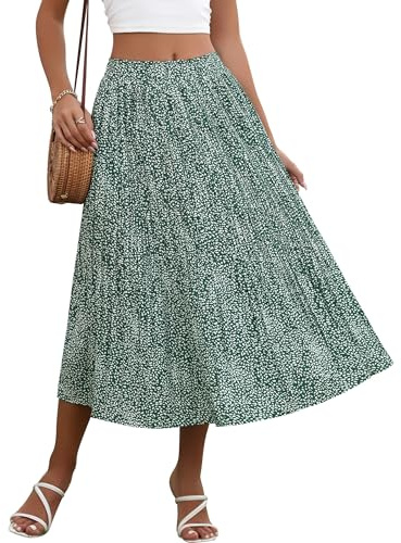 Zeagoo Womens Casual Midi Skirts Boho Elastic Waisted Swing Beach Maxi Skirts with Pockets Green L