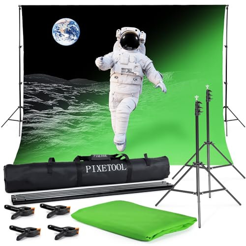 PIXETOOL Green Screen (3 x 3 m) con Soporte (2,6 x 3 m) - Croma Verde - Fondo Fotografia - Estudio Fotográfico – Accesorios Fotografia Gaming Streaming – Pantella (Verde, Blanco, Negro)