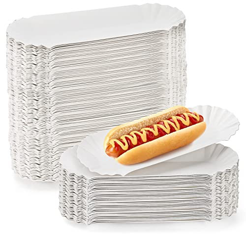 ZEAYEA 150 Pcs Hot Dog Tray, 8.3 Heavy Duty Cardboard Paper Food Tray, White Fluted Paper Hot Dog Liners for to-Go Orders, Takeout, Disposable Breakfast Sausage Trays Holders for Party Picnic BBQ