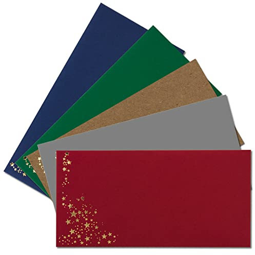 50x Briefumschläge mit Metallic Sternen - DIN Lang, Haftklebung - Mix Set 1, Umschläge in Rot, Grau, Grün, Blau und Kraftpapier - mit Sternen in Gold