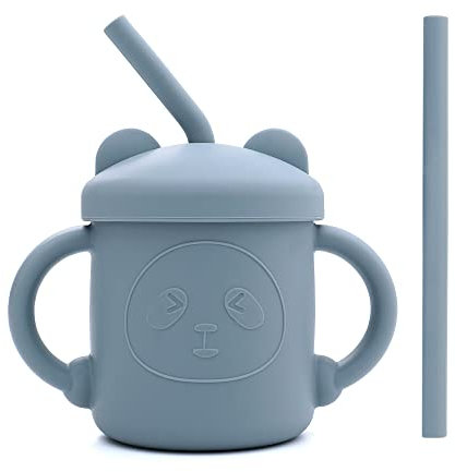 LAT Baby Sippy Cups with Straw, Silicone Toddler Straw Cup with Non-Slip Handles, Silicone Drinking Training Cup for Baby 6 + Months, 200ml,Blue