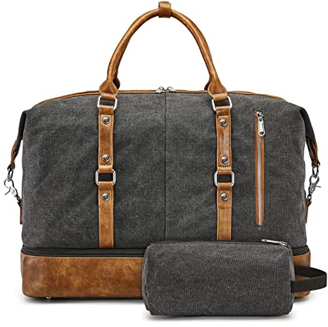 S-ZONE Weekender Bag for Men Duffle Overnight Bag with Shoe Compartment | Canvas 40L Weekend Carry On Tote Bag,PU leather Trim,Trolley Sleeve,Detachable Shoulder Strap