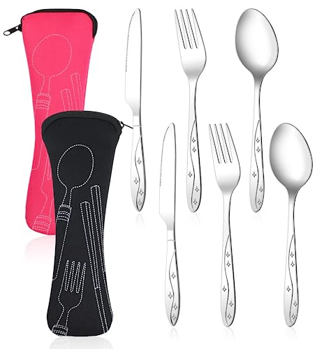 Lvzhen 2 Pack Travel Stainless Steel Cutlery Set | Knife, Fork and Spoon Set with Case (Black, Red)