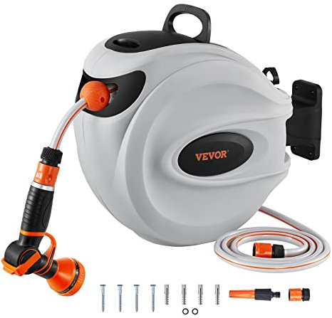 VEVOR Retractable Hose Reel, 115 ft x 1/2 inch, 180° Swivel Bracket Wall-Mounted, Garden Water Hose Reel with 9-Pattern Nozzle and 3 Fast Adaptors, Automatic Rewind, Lock at Any Length