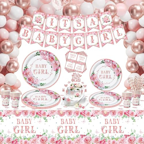 168 PCS Baby Dusche Dekorationen für Mädchen Gender Reveal Party Supplies Baby Girl Geschirr Set-Teller Servietten Banner Rose Gold Floral Mädchen Baby Dusche Dekorationen Party Supplies für 20 Gäste