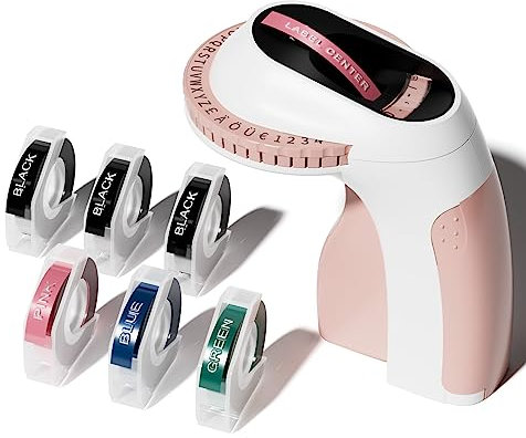 Beschriftungsgerät Prägegerät,Tragbares 3D Etikettenprägegerät Retro E975,Handbuch Omega Prägegerät Etikettier mit 6 Etikettenband für zu Hause und für Bastel- und Hobbyprojekte (£ € Ä Ö Ü),Rosa