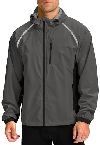 Bikewa Men's Cycling Rain Jackets Waterproof Running Bike Windbreaker Hooded Reflective Biking Windproof Bicycle Riding(Grey/Black,L)