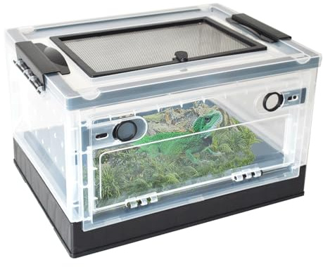 PINVNBY Plastic Reptile Feeding Box with Wheels,Reptiles Breeding Enclosure Cages Transparent Amphibians Habitat Terrarium Tank Portable Transport Container for Lizard,Bearded Dragon(Black)
