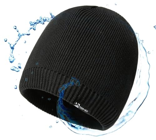 TOP-EX Waterproof Merino Wool Knitted Beanie Hat for Men Women Fleece Lined, Warm Winter Hat for Golf, Running UK Cold Weather Black L