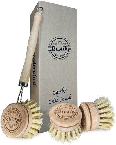 Wooden Dish Brush By RustiK, Eco Friendly, Sustaianable, Natural Wood Handle, Washing up Brush & 3 Medium Sisal bristle heads. Great for Kitchen, Camping, Cleaning or any Pot Washing.