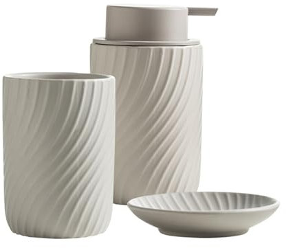XUDREZ Set di accessori da bagno in ceramica, 3 pezzi, dispenser per sapone da bagno, con dispenser per sapone e portasapone, bicchiere per spazzolini da denti per casa e bagno (colore avena, set da 3