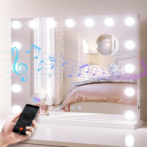 SONNI Hollywood sminkspegel med ljus Bluetooth & USB 58 x 45 cm vit | 3 ljusfärger, dimbar, touch och minnesfunktion, 15 LED-lampor. Perfekt som sminkuppgradering och present