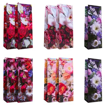Idena 90227 - Sac à bouteilles Classic fleurs, 10 pièces, sacs cadeaux de 12,5 x 35 x 9 cm, sacs en papier brillant avec fleurs multicolores