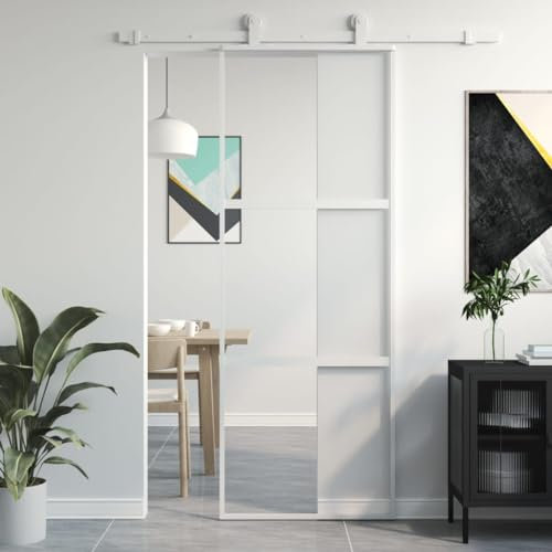 Gecheer Porta Scorrevole Bianca 76x205 cm Vetro Temperato e Alluminio,Porta da Interni,Porte Interne,Porta Interna in Vetro,Porta per Bagno Cucina Studio,P155204