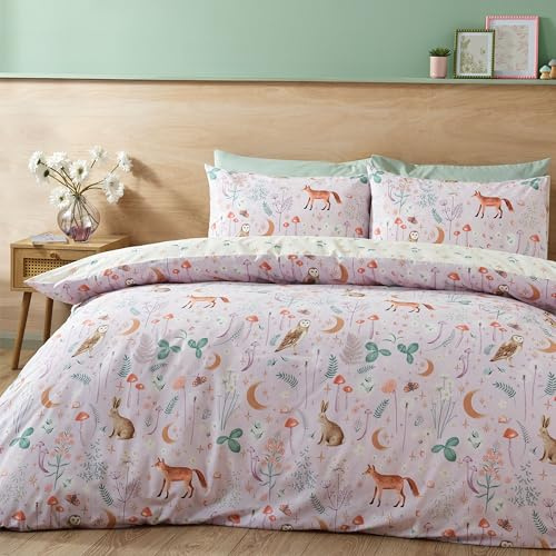 Catherine Lansfield Enchanted Twilight Animals Reversible Double Duvet Cover Set with Pillowcases Lilac