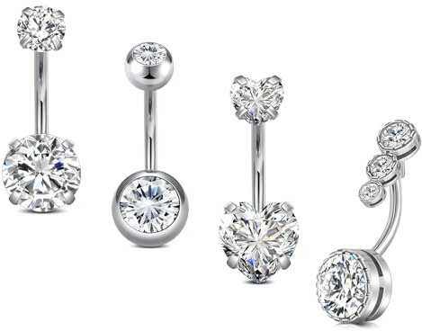CHarmeFleur Set di 4 Anelli per Ombelico in Acciaio Inossidabile 14G, Piercing per Ombelico con Cuore in CZ, Dolci Gioielli per Ombelico per Donne