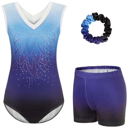 JoyBound Girls' Gymnastics Leotards LongSleeves Set -Three-Piece for Long Sleeves or Sleeveless Leotard, Shorts & Hairband Gradient Color Ballet Unitard Outfit for Ages 5-12 Dancers Girl