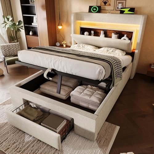 LAKFEW Camas Juveniles Cama Tapizada 90x200 cm con Cabecero de Almacenamiento y LED, Cama 90 Camas Infantiles con USB y Almacenaje Hidráulico, Lino, Beige, Sin Colchón