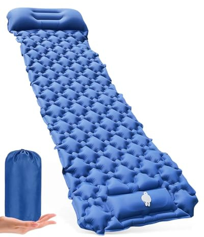 Hingue Matelas Autogonflant 1 Personne-Matelas Camping 1 Place Ultra-léger avec Pompe à Pied & Oreiller, Tapis Gonflable Compact & Résistant à l'eau pour Trekking, Randonnée, Plage & Tente- Bleu Foncé