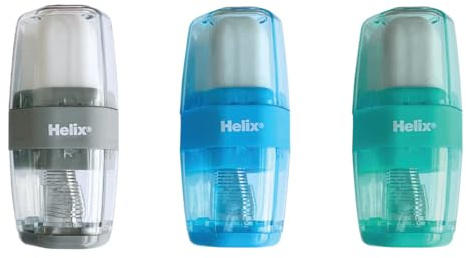 Helix Duo Pencil Sharpener and Eraser - One Hole Sharpener - Protective Cover for Eraser - Canister to Collect Pencil Shavings - Soft Touch Material - Assorted Colours