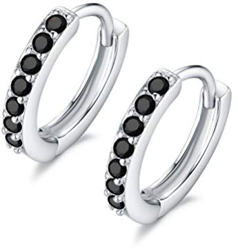 Orecchini a Cerchio Piccoli In Argento Sterling 925 Con Zirconia Cubica, Piccoli Orecchini a Cerchio Per Donne e Ragazze Con Diamante Nero Rotondo Cz Huggie Hoops 8 Mm