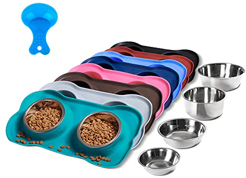 Hubulk 2 Stainless Steel Pet Dog Bowls with No Spill Non-Skid Silicone Mat + Pet Food Scoop Water and Food Feeder Bowls for Feeding Small Medium Large Dogs Cats (Green, Small(Pack of 1))
