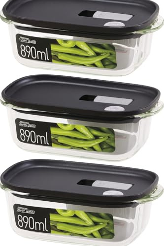 LOCK & LOCK Set di 3 contenitori salvafreschezza in vetro, forma quadrata, con coperchio per forno, microonde e congelamento, 890 ml