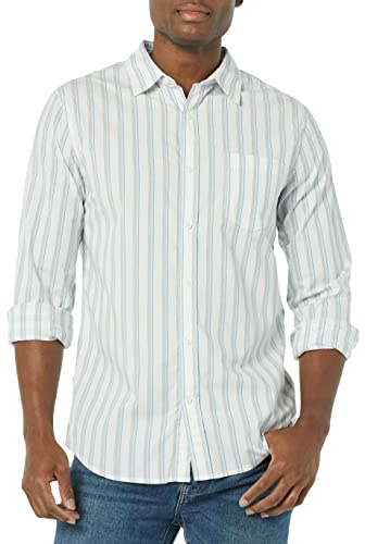 Amazon Essentials Men's Long-Sleeved Slim-Fit Stretch Poplin Shirt, Blue White Stripes, XL