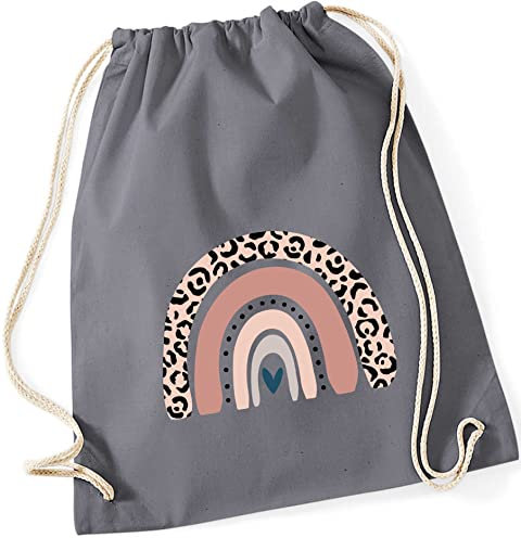 minimutz Turnbeutel für Kinder Baumwolle mit Regenbogen in Rosé | Motiv LEO-Print für Mädchen | Stoffbeutel Rucksack zum Zuziehen mit Kordel (grau)