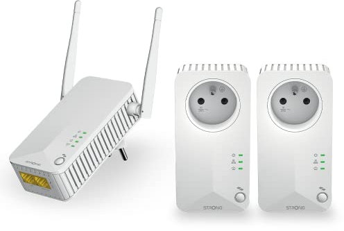 Strong Pack de 2 CPL 600 Mbps y 1 CPL WiFi Toma filtrada y Puerto Ethernet, Extender Red WiFi, Compatible con Caja de Internet, Ideal Multi TV, Streaming HD, sin configuración, Listo para Usar