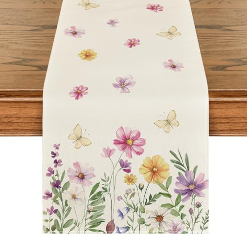 Artoid Mode Blumen Schmetterling Frühling Tischläufer, Saisonnal Sommer Küche Tisch Dekoration Drinnen Urlaub Party Dekor 40x140 cm