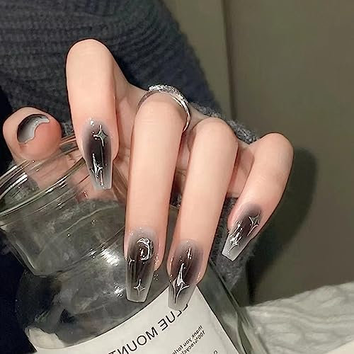 24 Stück Künstliche Nägel Lang, French Schwarz Ballerina Kunstnägel Fingernägel zum Aufkleben, Acryl Falsche Nägel, Mond Design Press on Nails mit Nagelkleber Aufkleber für Frauen und Mädchen