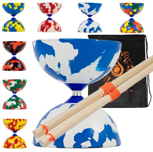 Juggle Dream Jester Diabolo Set with Wood Sticks - Pro Medium Rubber Diablo Set With Wooden Handsticks and Cascade Carry Bag (Blue and White)