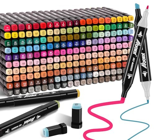 Set di 204 pennarelli permanenti ad alcool, a base di alcool, a doppia punta, per adulti, per pittura, colorazione, schizzi, evidenziazione, sottolineatura e disegno