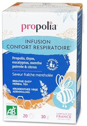 PROPOLIA - Bio - Infusion confort respiratoire - Propolis, Thym, Eucalyptus, Menthe poivrée & Citron - Fabriquée en France - 20 Sachets
