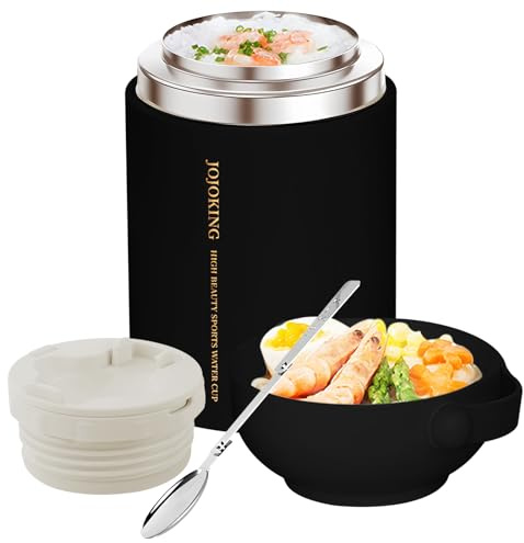 kiptyg Food Flask,600ml Thermal Lunch Box Stainless Steel Vacuum Insulated Food Jars with Folding Spoon, BPA Free Leakproof Food Flasks for Hot and Cold Meals Double Soup Flask