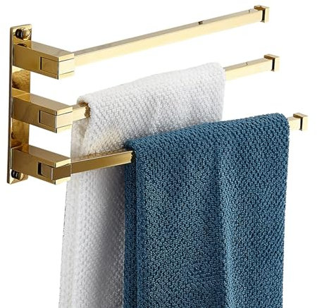 YYLIVING Towel Bar Folding, Bath Swivel Towel Racks Rack Space Bathroom Adjustable Hand Pull Out Folding Arm Hanger Holder Multi Bar Wall Mount Polished Finish,3 strokes,Gold Gold 3strokes