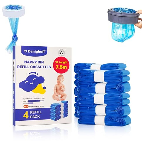 Nappy Bin Refills, 7.5m Extra-Long Diaper Pail Bags Compatible with Tommee Tippee Twist & Click and Sangenic TEC Bins, Multi-Layer Odour-Blocking Refill Liners for Nappy Disposal (4Packs)