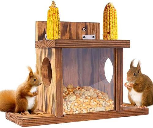 Lunayuomi® Squirrel Feeder for Outside, Carbonized Wooden Squirrel Feeding Table, Sturdy Squirrels Feeding House, Chipmunk Feeder Hold Corn, Corn Cob, Peanuts