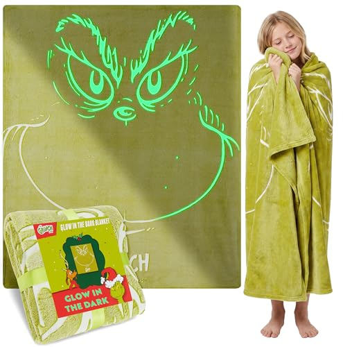 Get Trend The Grinch Couverture Lumineuse Enfant Adulte 130x150cm, Plaid Polaire Doux pour Lit Canapé, Brille dans Le Noir après Exposition à la Lumière (Vert Grinch)