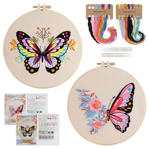 TAIHOBO Kit de Inicio de Bordado de Mariposa: 2PCS Kit Bordado Principiantes a Mano con Bastidor de Bordado, Aguja e Hilo de Bordar e Instrucciones, Embroidery Kit para los Aficionados a la Costura