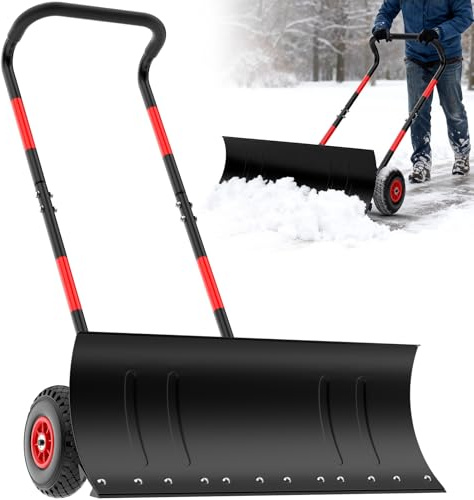 Schneeschaufel mit Rädern, robuster Stahl-Schneeschaufel für Einfahrten, Gehwege, verstellbarer Griff und Winkelmesser, Schieberpflug